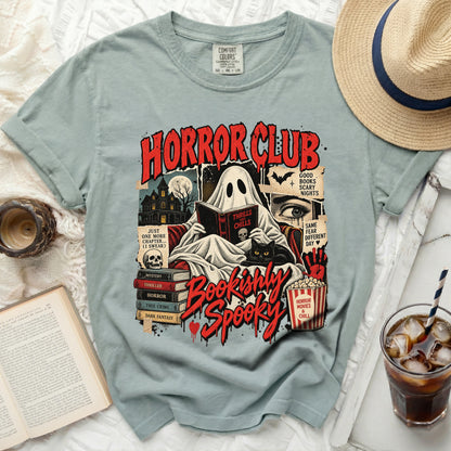 T-shirt with "Horror Club Bookishly Spooky" graphic featuring a ghost reading