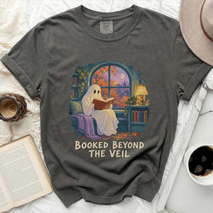 Ghost reading a book "Booked Beyond The Veil" in a cozy window.