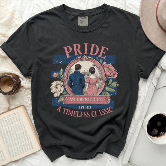 Pride and Prejudice a Timeless Classic t-shirt with central artwork.