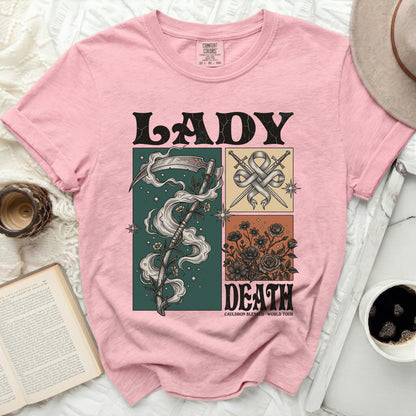 Pink t-shirt with "Lady Death" graphic featuring a scythe, swords, and roses.