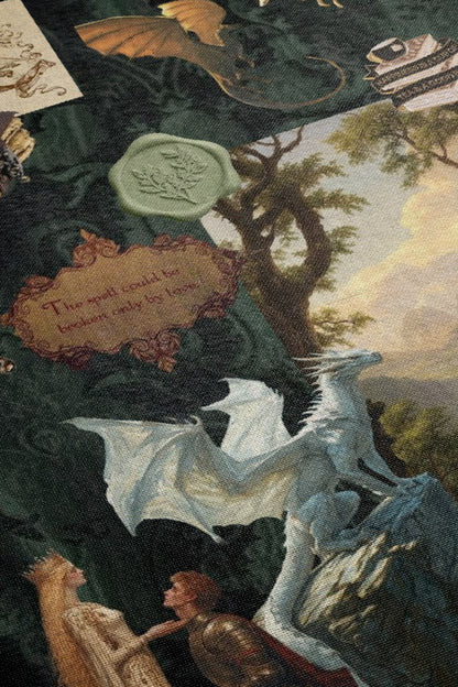 The image is a collage featuring a dragon, a woman, and a man, all set against a lush, green background.