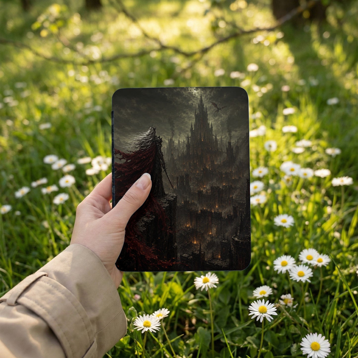Dark fantasy artwork on a device held in a hand, featuring a figure with a red cloak overlooking a dark castle.