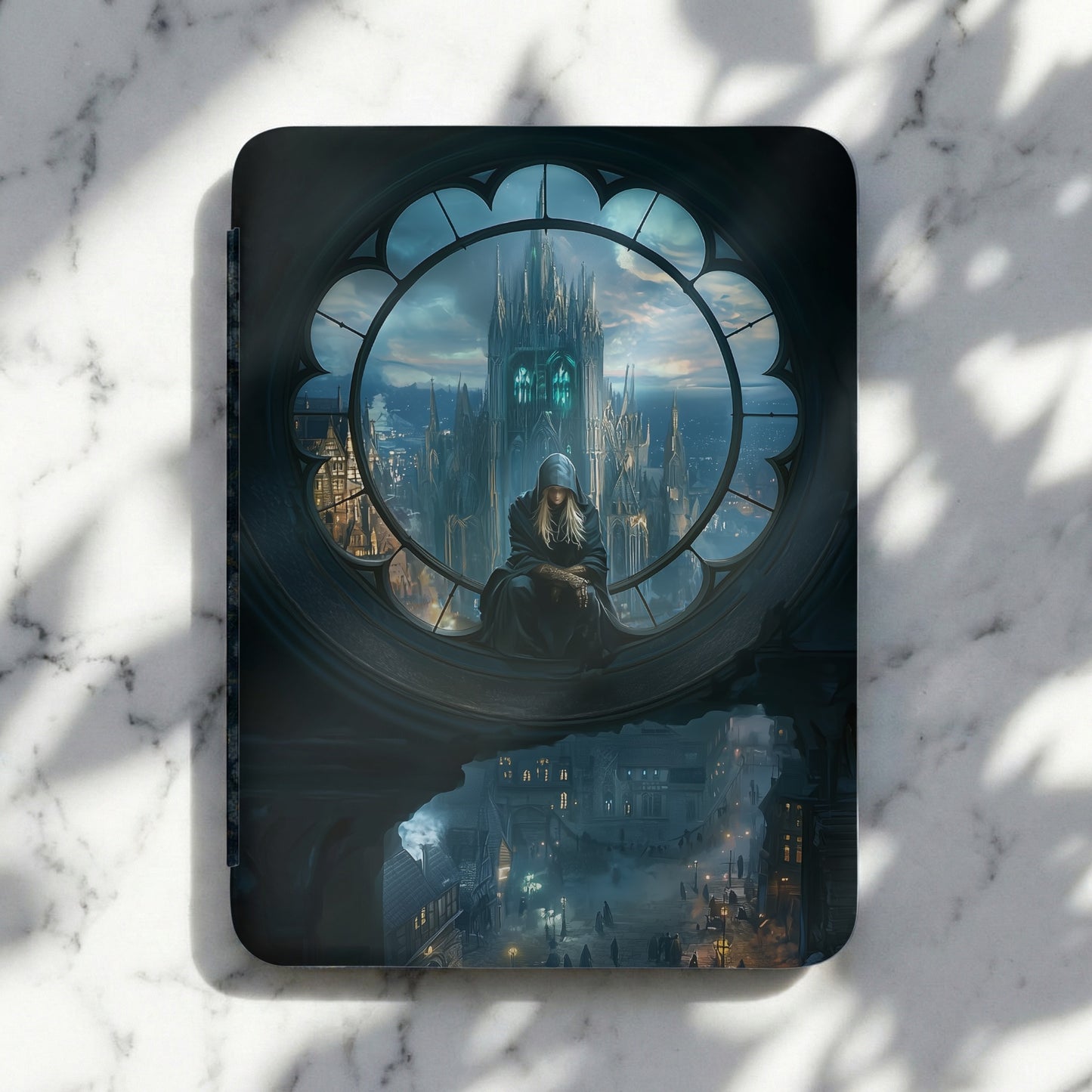 Mystic hooded figure gothic window fantasy cityscape product type