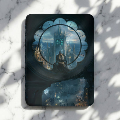 Mystic hooded figure gothic window fantasy cityscape product type