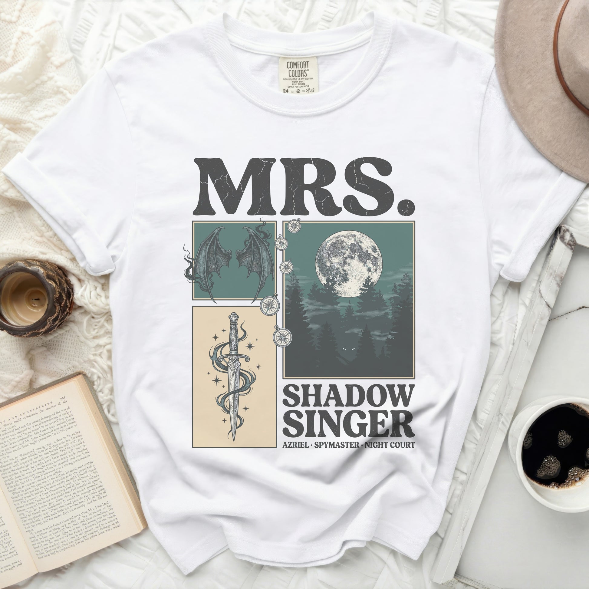 White t-shirt with "MRS. SHADOW SINGER" text and moonlit dragon art.