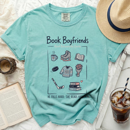 Teal t-shirt with "Book Boyfriends" and reading/romance icons.