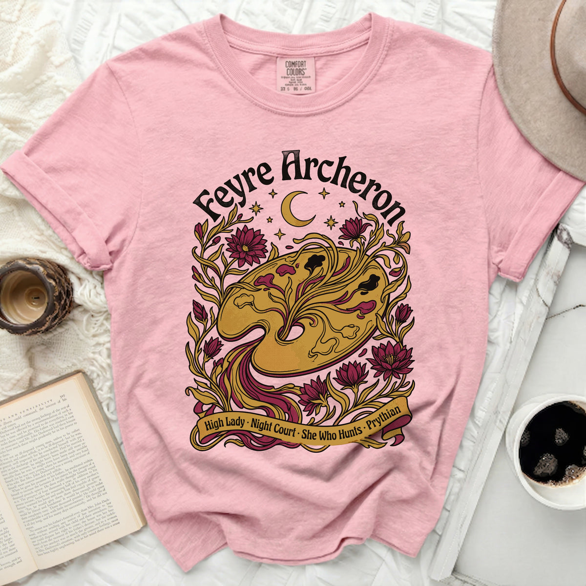 Pink t-shirt with Feyre Archeron design, moon, stars, flowers, and ribbon text.