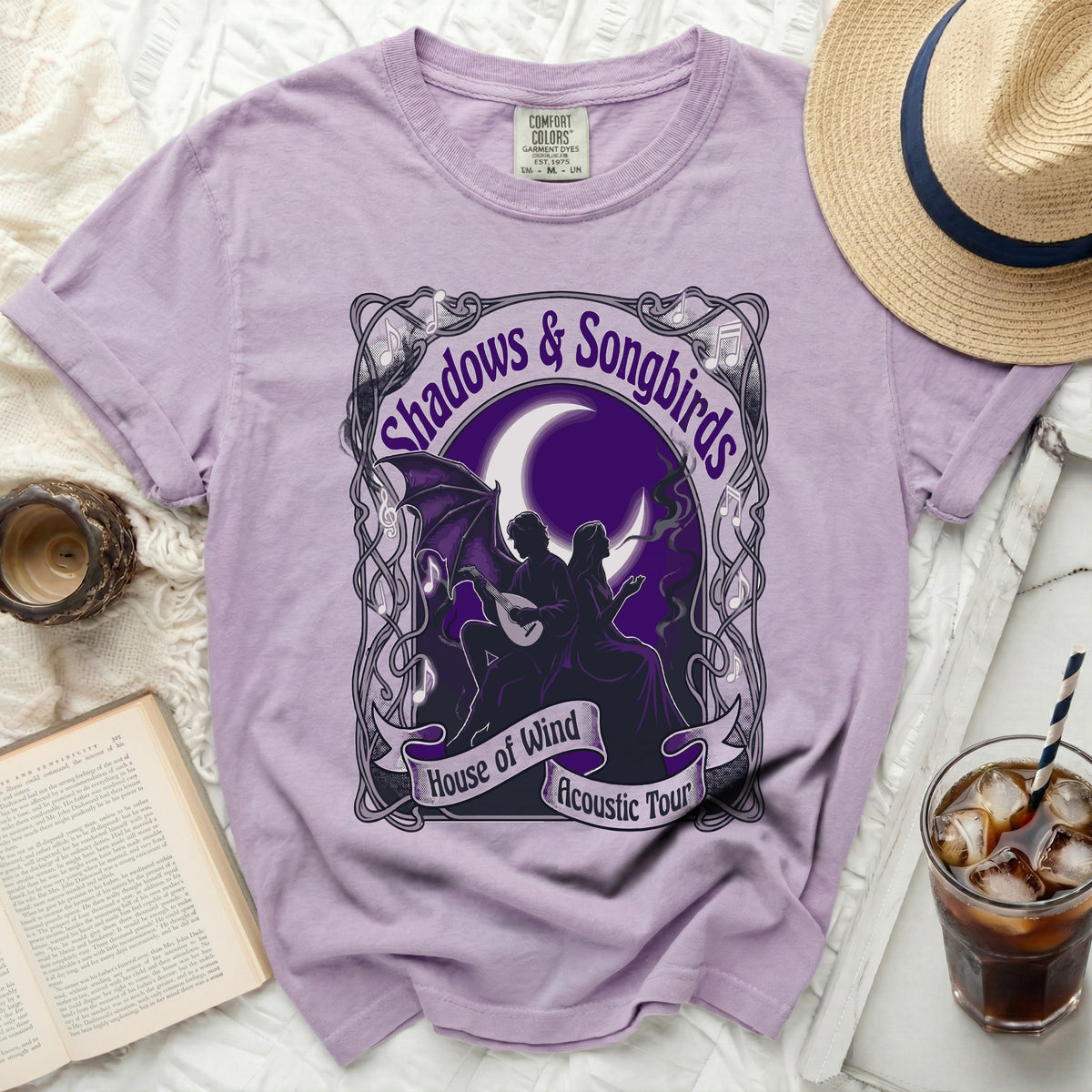 Purple t-shirt with "Shadows & Songbirds" and "House of Wind Acoustic Tour" graphic.