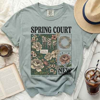 Light green t-shirt with floral graphic and "SPRING COURT" text.