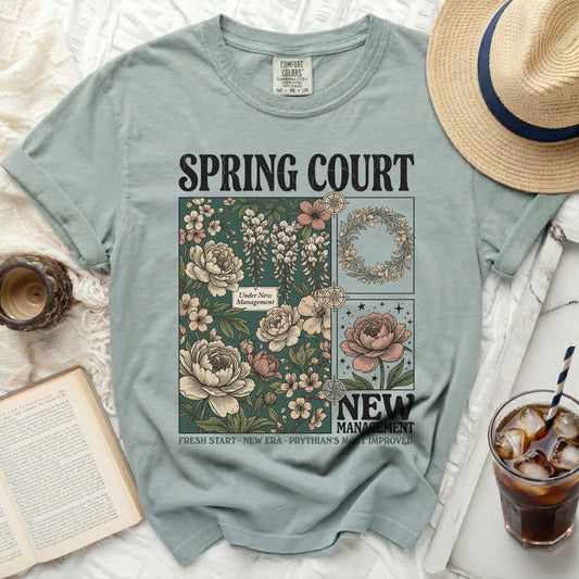 Light green t-shirt with floral graphic and "SPRING COURT" text.