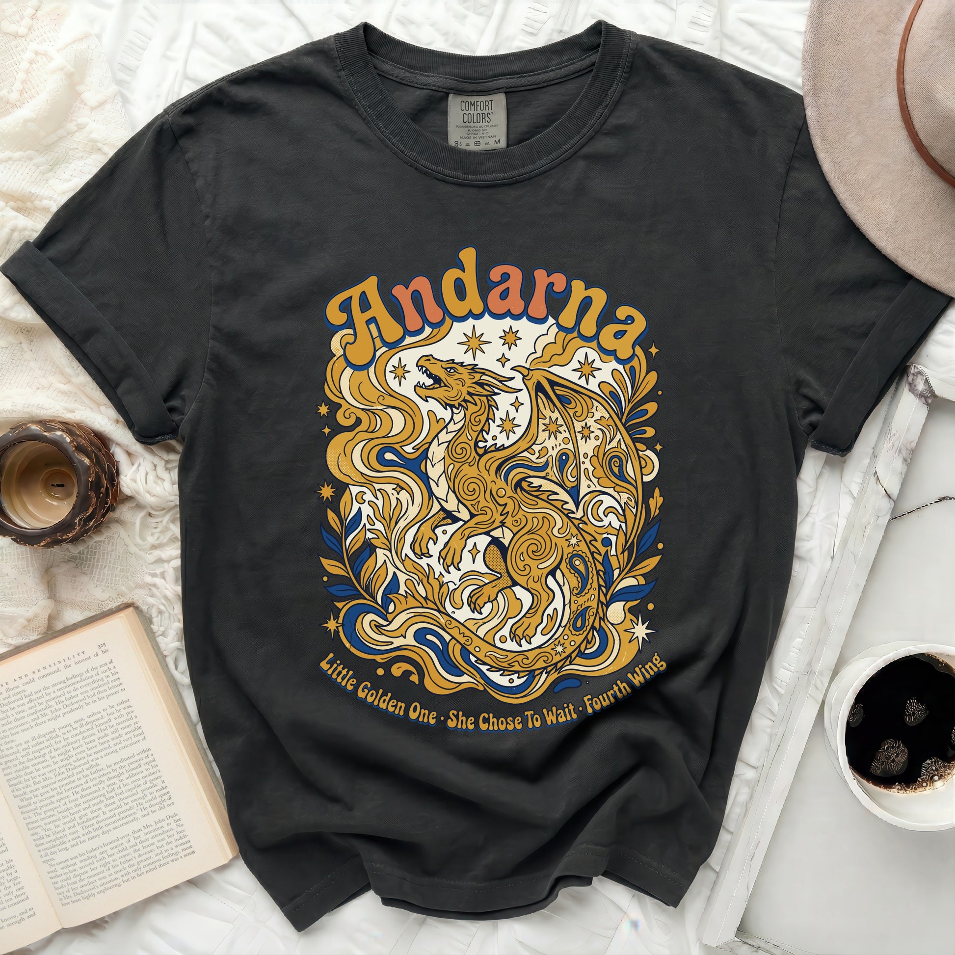 Black t-shirt with golden dragon design and "Andarna Little Golden One. She Chose To Wait Fourth Wing" text.