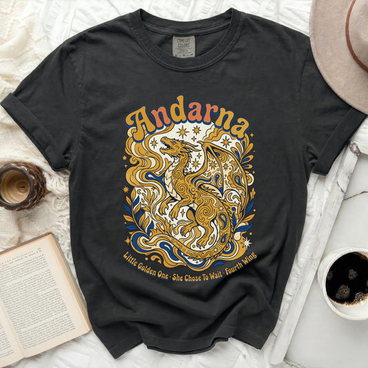 Black t-shirt with golden dragon design and "Andarna Little Golden One. She Chose To Wait Fourth Wing" text.