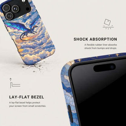 Phone case featuring a stained glass dragon design, highlighting shock absorption and lay-flat bezel features.