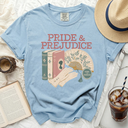 Light blue t-shirt with "Pride & Prejudice" and vintage fan graphic.