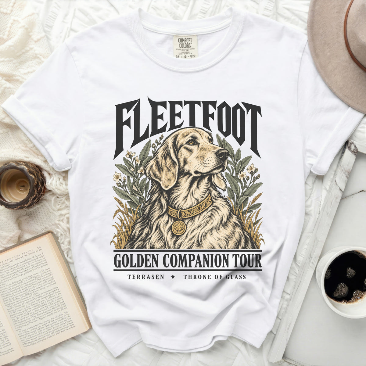 White t-shirt with Fleetfoot Golden Companion Tour graphic featuring a dog.