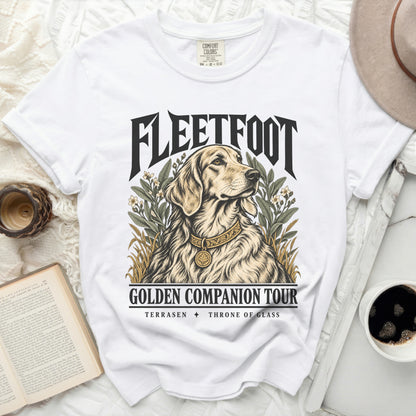 White t-shirt with Fleetfoot Golden Companion Tour graphic featuring a dog.