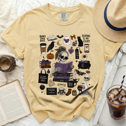 Yellow t-shirt with "Books Over Boys" and "Reading Is My Escape" Halloween graphics.