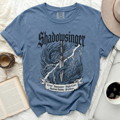 Blue t-shirt with "Shadowsinger" sword, lightning, and text "Azriel Spymaster Night Court Shadow Daddy Prythian".
