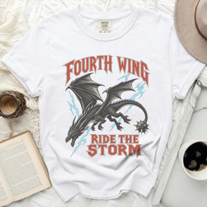 White t-shirt with "Fourth Wing Ride The Storm" text and a dragon graphic.