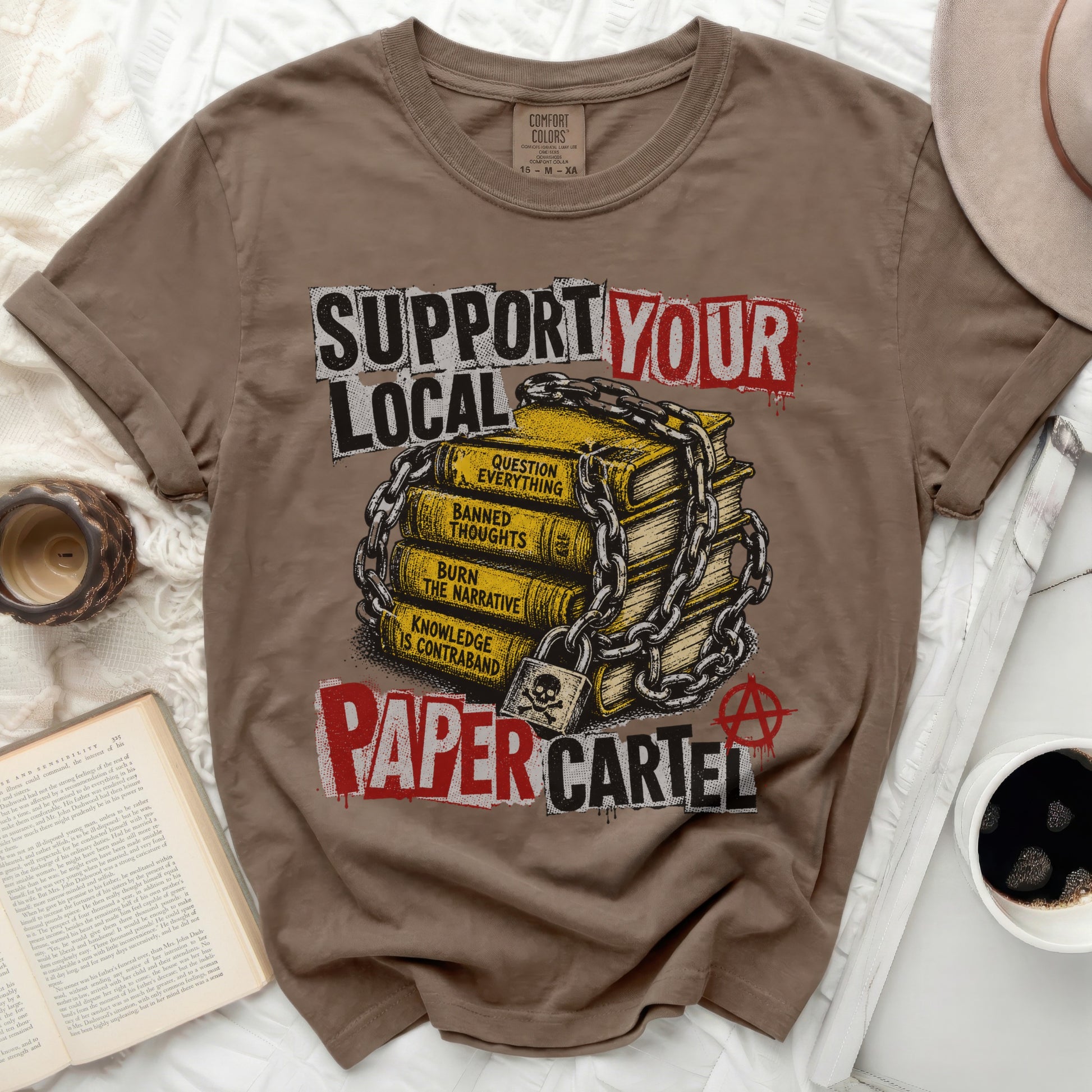 T-shirt with books chained together, reading "Support Your Paper Cartel."