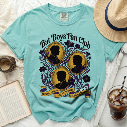 Turquoise t-shirt with "Bat Boys Fan Club" and silhouettes of men.