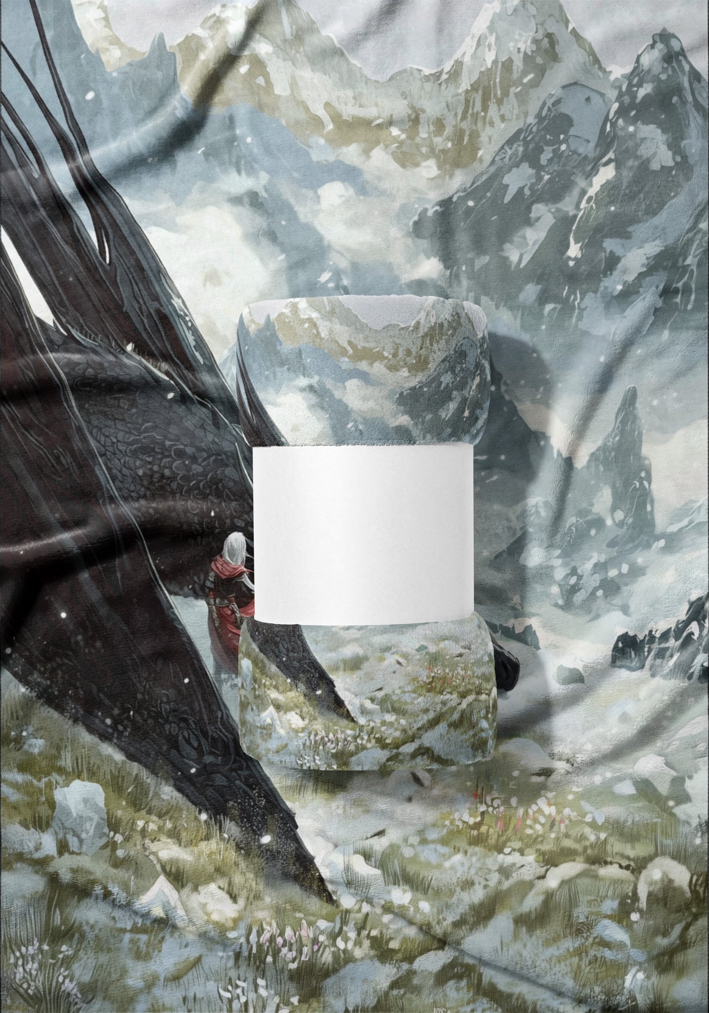 Epic Fantasy Mountain Scene Blanket with Dragon