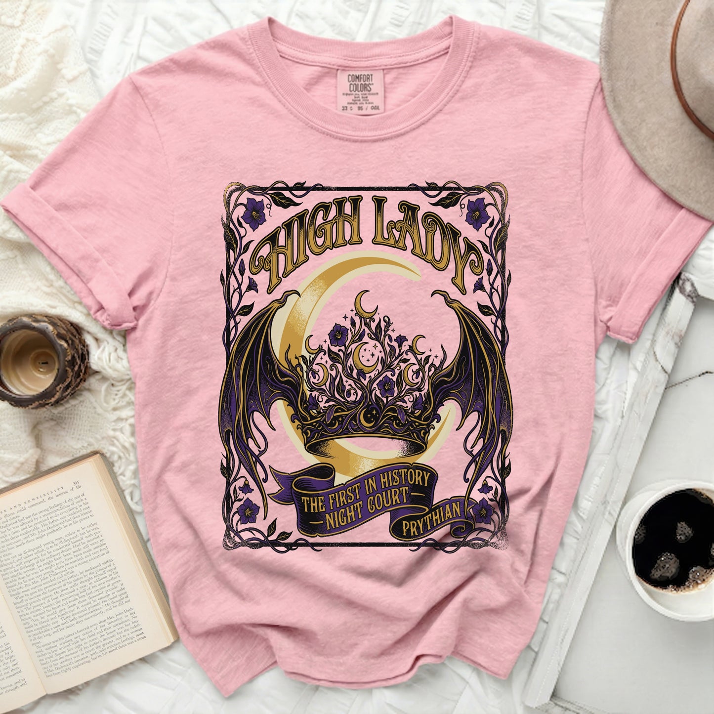Pink t-shirt with "High Lady Night Court Prythian" graphic.