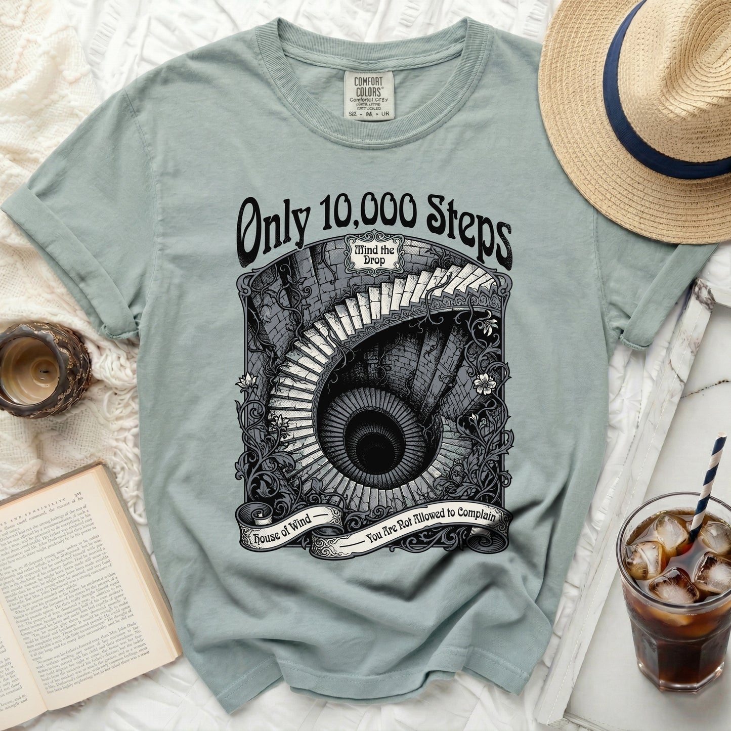 T-shirt with "Only 10,000 Steps" and a spiral staircase graphic.
