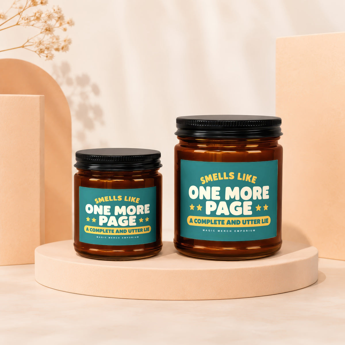 Two glass jars with black lids, featuring teal labels with text "Smells Like One More Page".