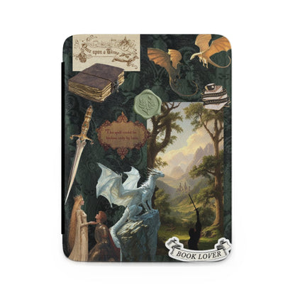 Fantasy collage with dragons, a knight, queen, sword, and books.