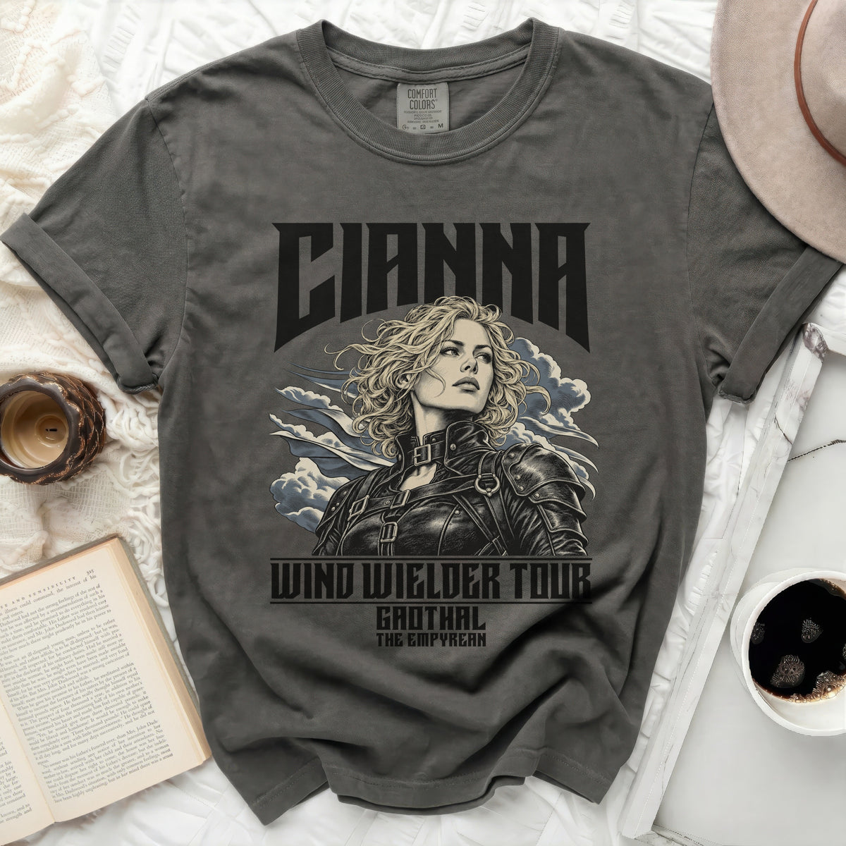 Dark grey t-shirt with "CIANNA WIND WIELDER TOUR GAOTHAL THE EMPYREAN" graphic.