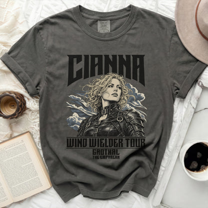 Dark grey t-shirt with "CIANNA WIND WIELDER TOUR GAOTHAL THE EMPYREAN" graphic.