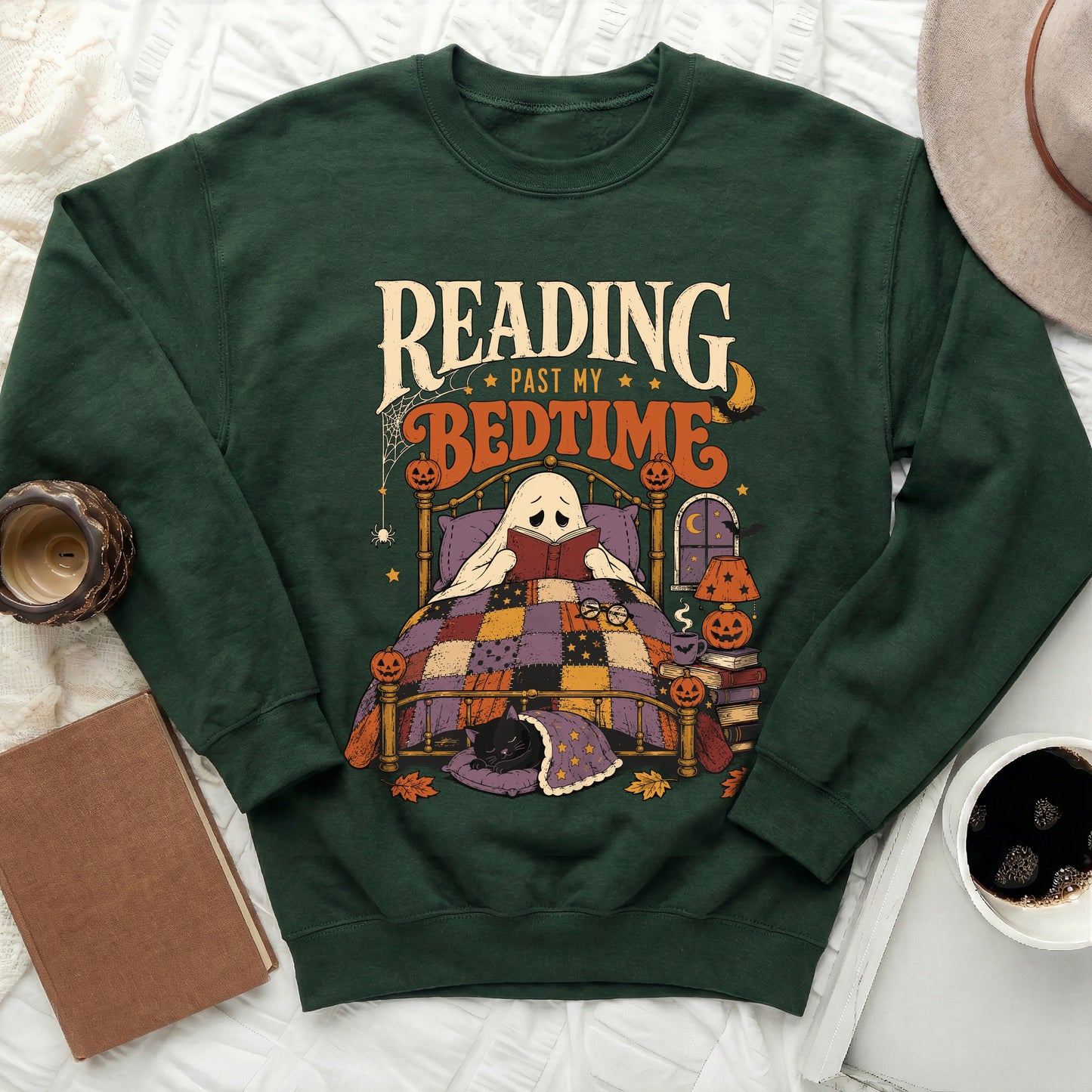 Ghost reading a book in bed with text "Reading Past My Bedtime" and Halloween motifs.