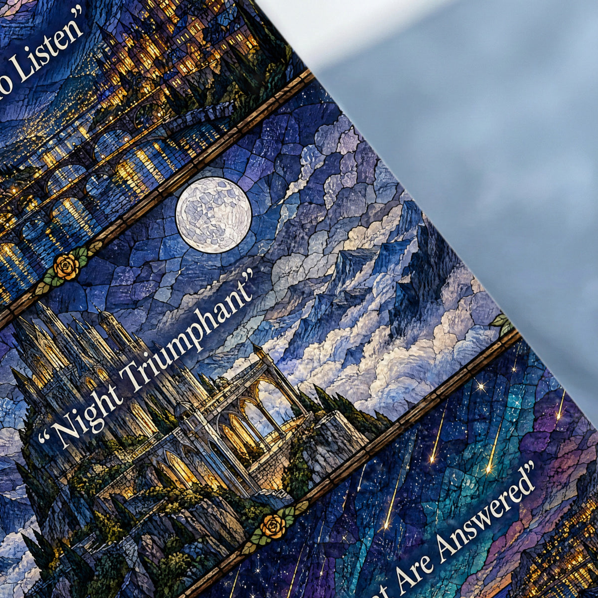 Stained glass artwork depicting fantasy castles under a starry night sky with inspirational quotes.