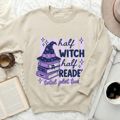 Beige sweatshirt with "Half Witch Half Reader Total Plot Twist" graphic.