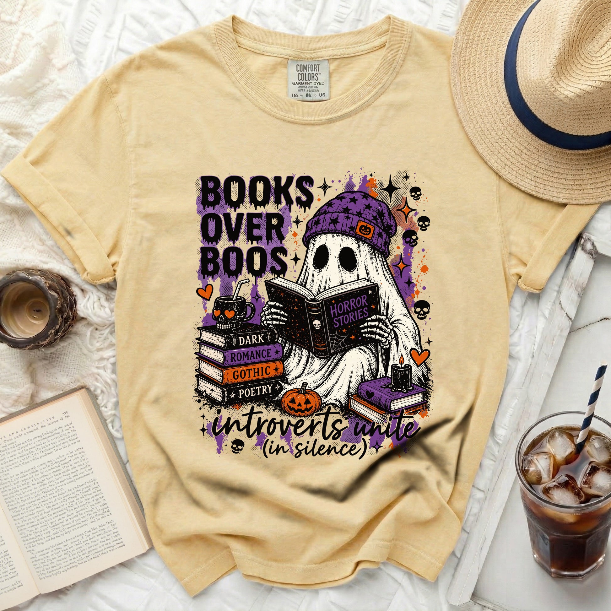 Ghost reading "Horror Stories" with "Books Over Boos" and "introverts unite" text.