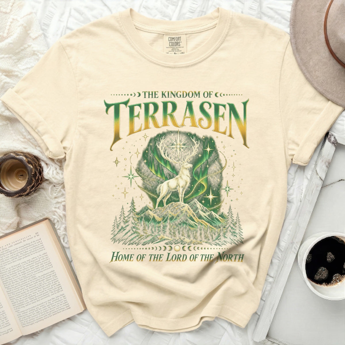 Cream t-shirt with "The Kingdom of Terrasen" and "Home of the Lord of the North".