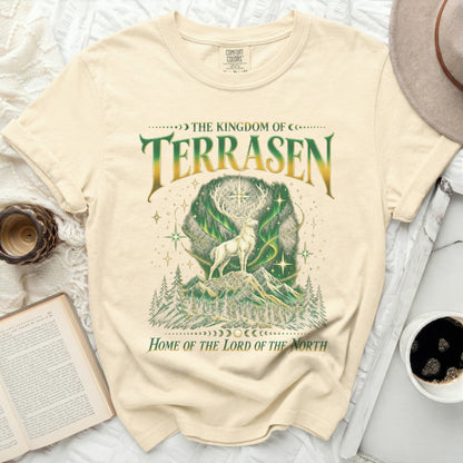 Cream t-shirt with "The Kingdom of Terrasen" and "Home of the Lord of the North".