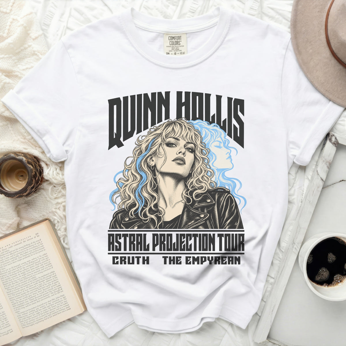 White t-shirt with Quinn Hollis "Astral Projection Tour" graphic and band names.
