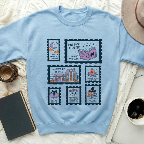 Spooky Reader's Halloween Sweatshirt in Light Blue