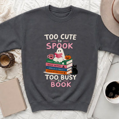 Gray sweatshirt with Halloween graphic: ghost reading, books, and cat, saying "Too Cute to Spook".
