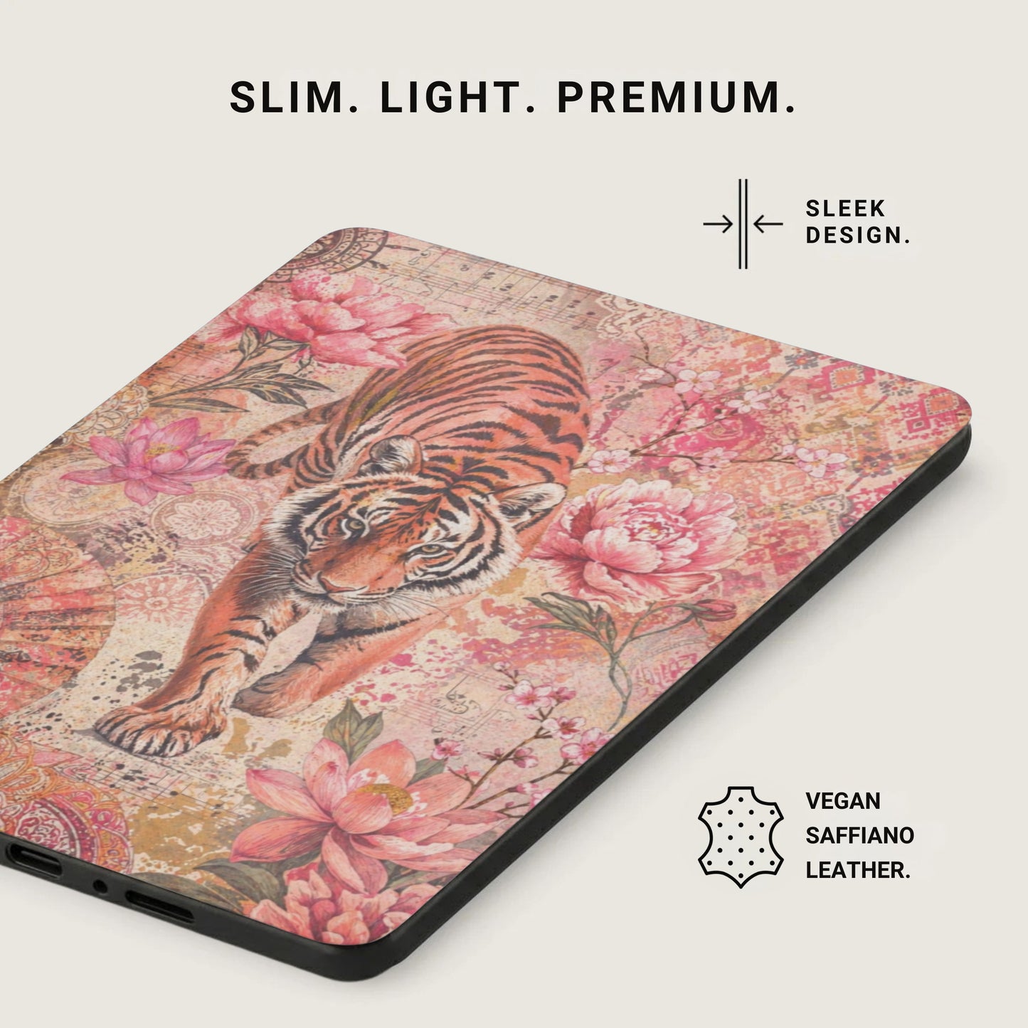 Tiger and floral pattern on vegan saffiano leather phone case.