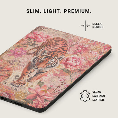 Tiger and floral pattern on vegan saffiano leather phone case.