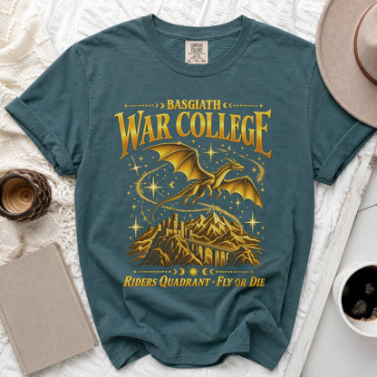 Teal t-shirt with Basgiath War College design, dragon over mountains and bridge.