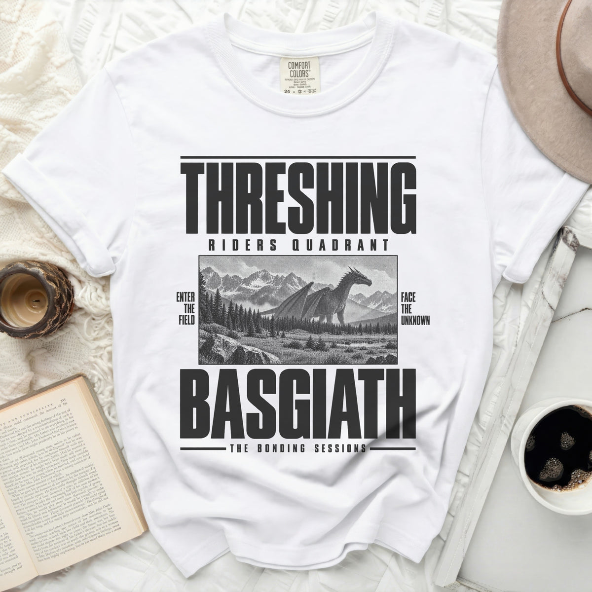 White t-shirt with "THRESHING RIDERS QUADRANT BASGIATH THE BONDING SESSIONS" text and dragon graphic.
