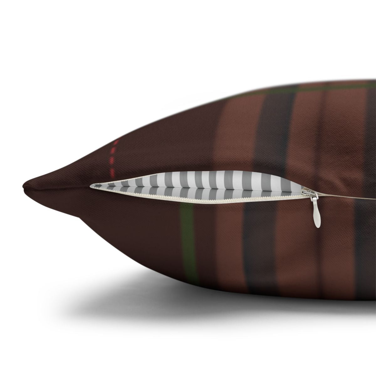 Dark Brown Striped Pillow With White Zipper Design