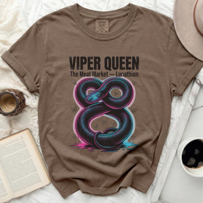 Brown t-shirt with Viper Queen logo, skulls, and neon snake.