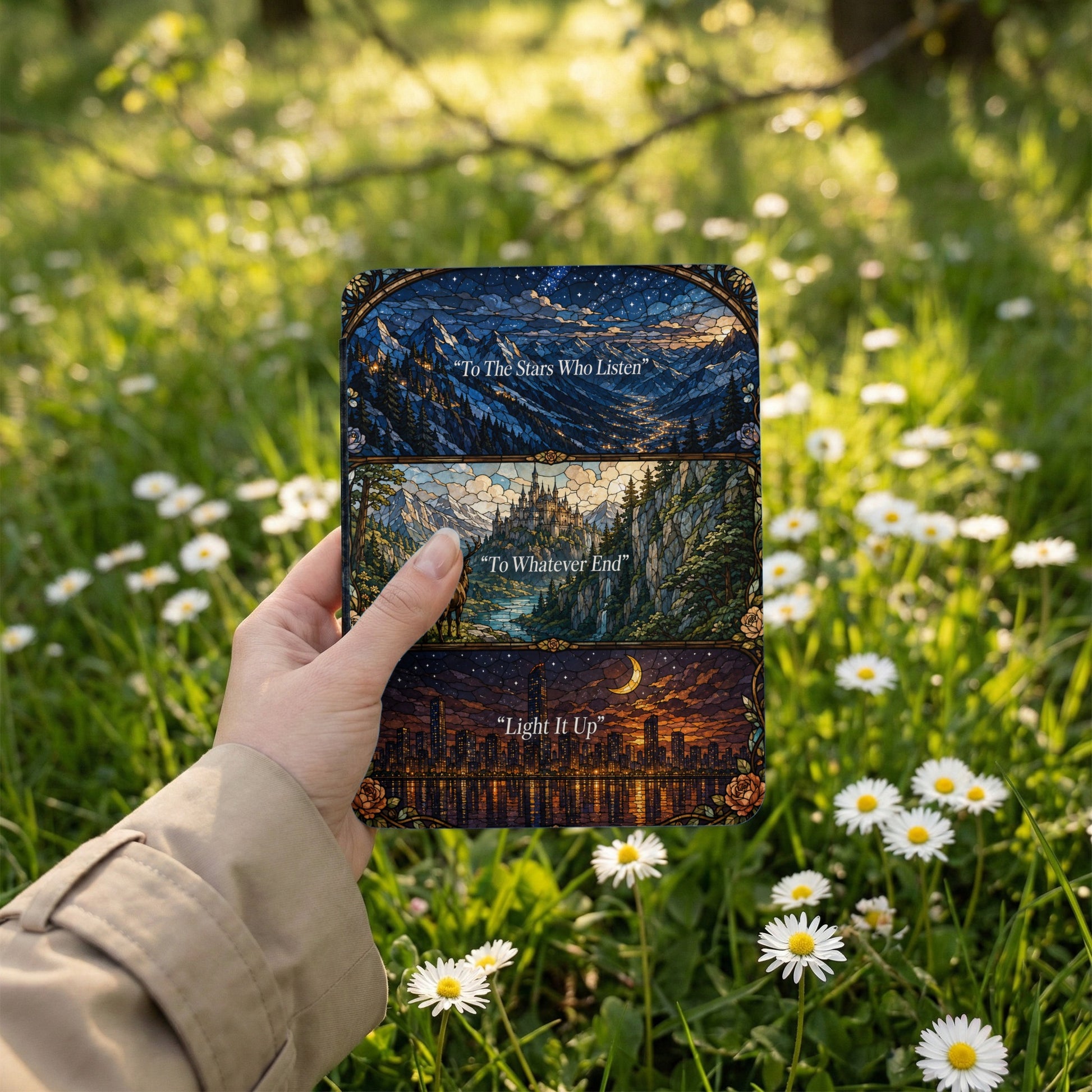 Hand holds book with three stained-glass style images and quotes: mountains, castle, city skyline.