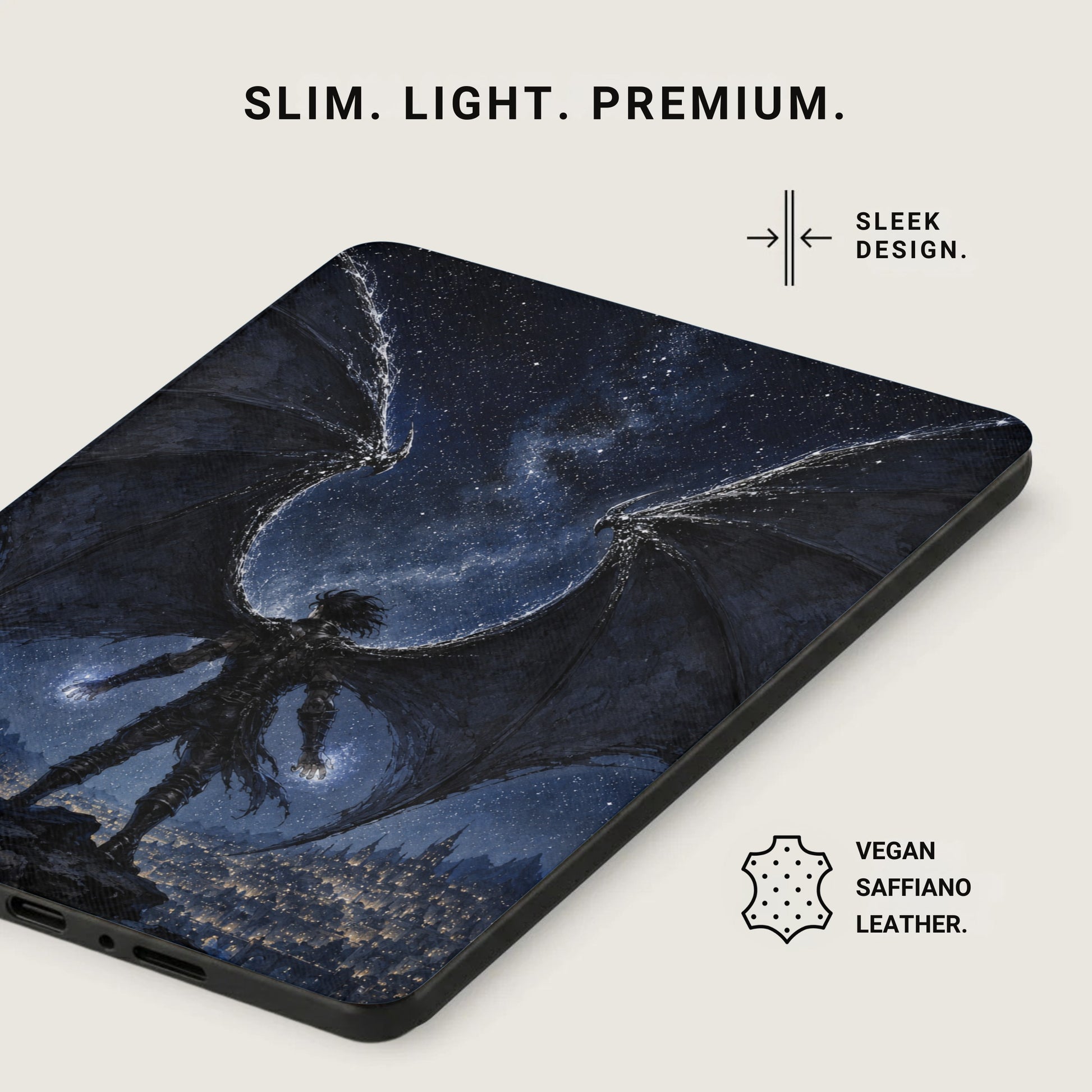 Device case with dark fantasy art of a winged figure and city at night.
