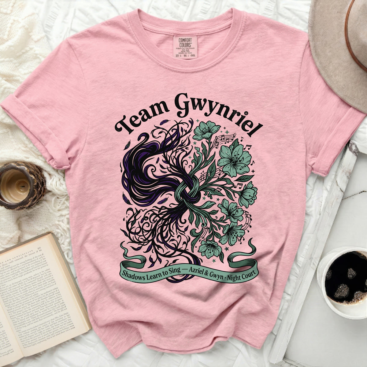 Pink Comfort Colors t-shirt with "Team Gwynriel" and floral design.